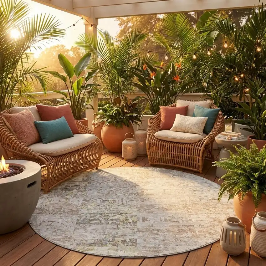 8' Ivory And Silver Round Abstract Washable Indoor Outdoor Area Rug Photo 1