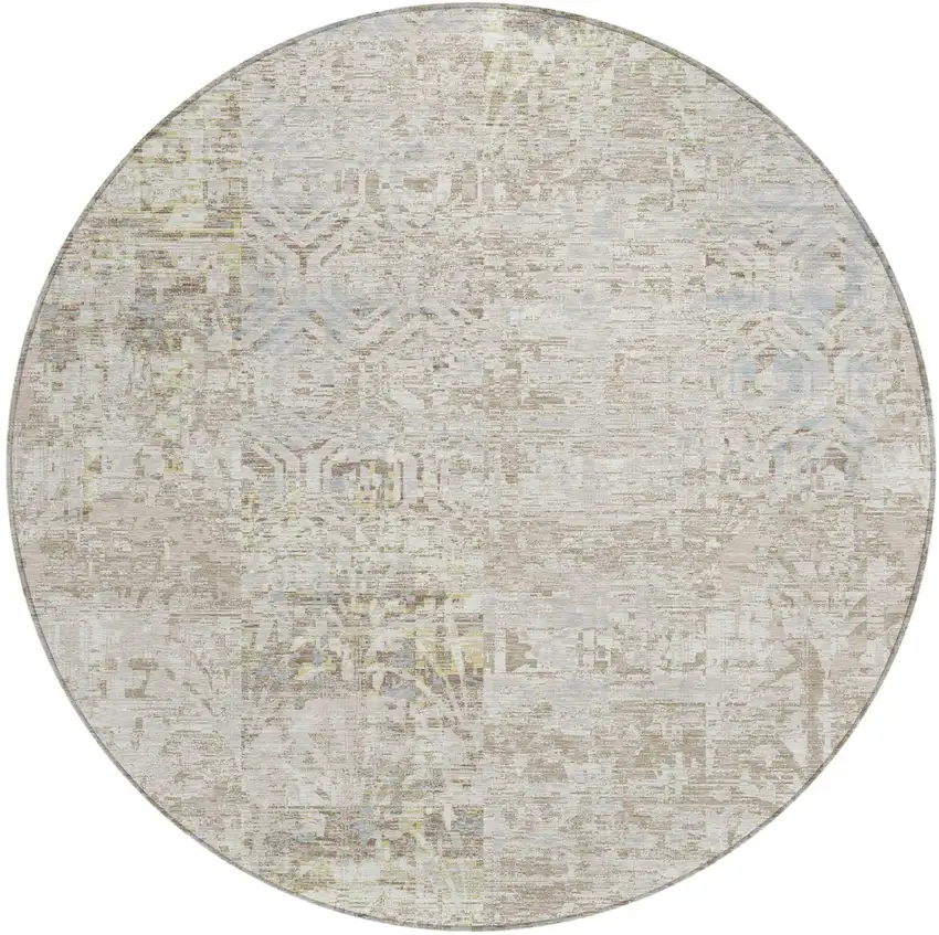 8' Ivory And Silver Round Abstract Washable Indoor Outdoor Area Rug Photo 2