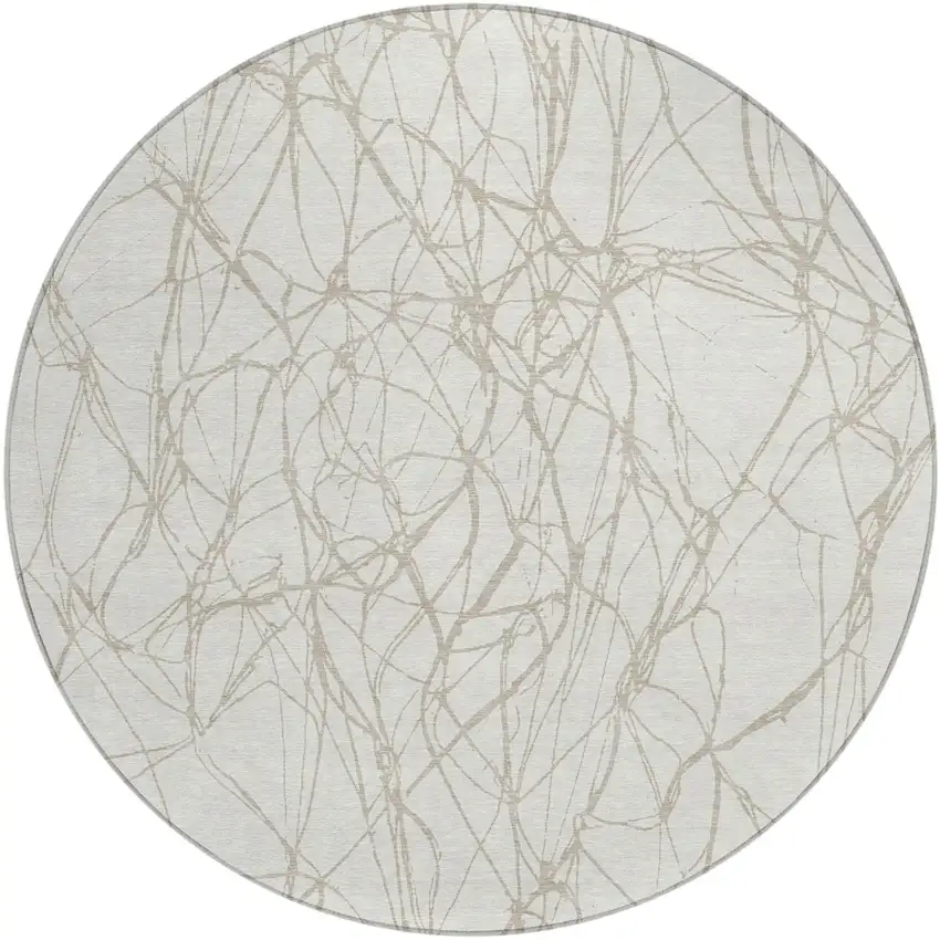 8' Ivory And Silver Round Abstract Washable Indoor Outdoor Area Rug Photo 2
