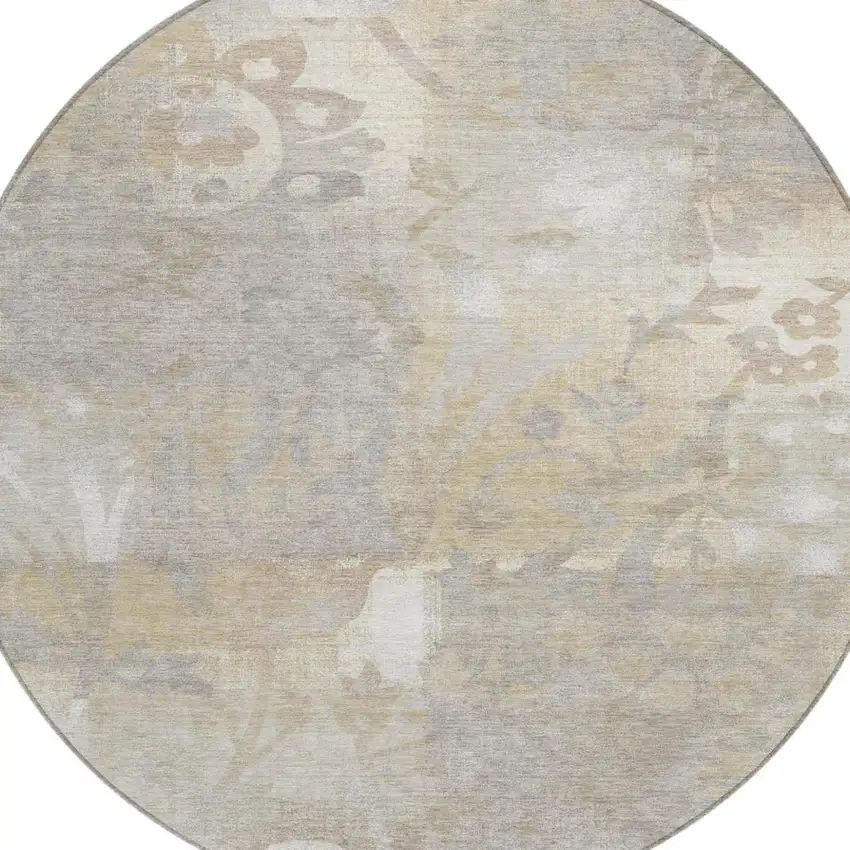 8' Ivory And Silver Round Botanical Leaves Washable Indoor Outdoor Area Rug Photo 2