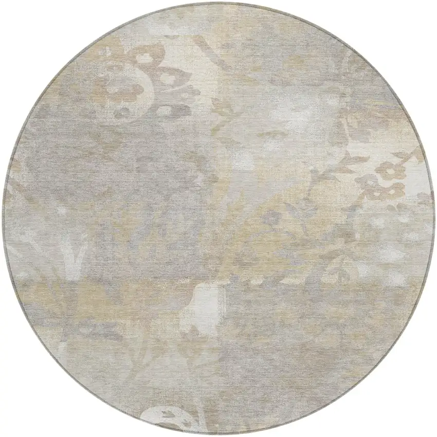 8' Ivory And Silver Round Botanical Leaves Washable Indoor Outdoor Area Rug Photo 1