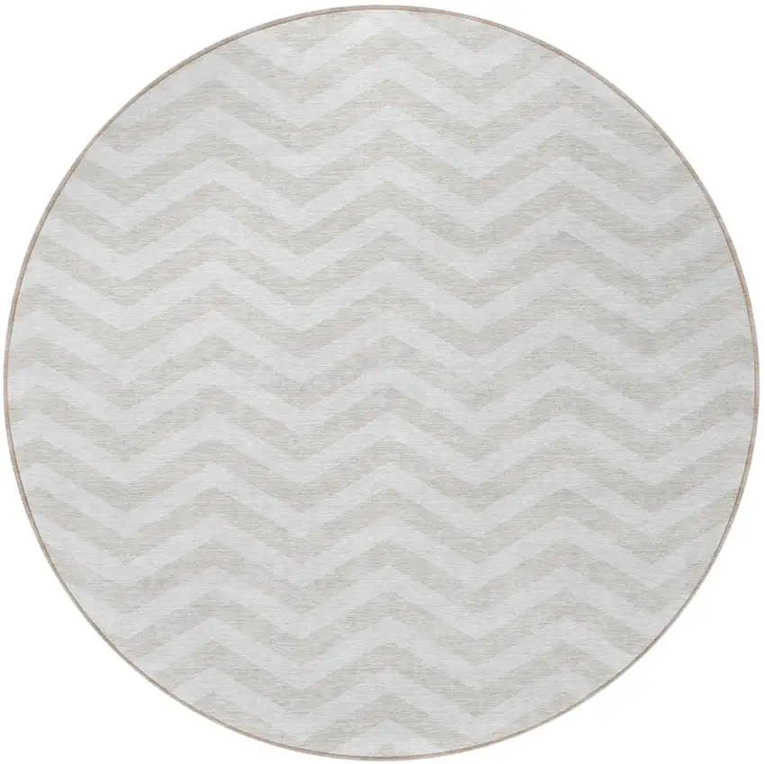 8' Ivory And Silver Round Chevron Washable Indoor Outdoor Area Rug Photo 5