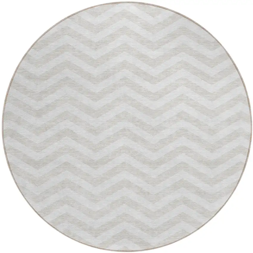 8' Ivory And Silver Round Chevron Washable Indoor Outdoor Area Rug Photo 2
