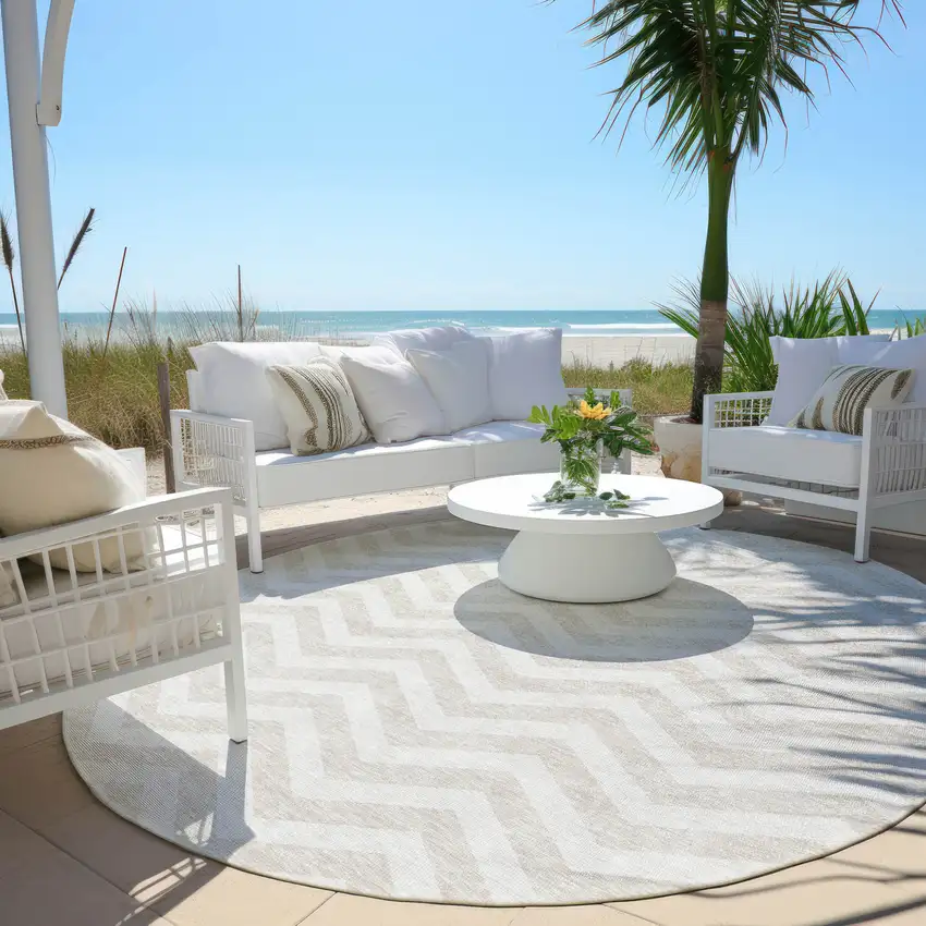 8' Ivory And Silver Round Chevron Washable Indoor Outdoor Area Rug Photo 6