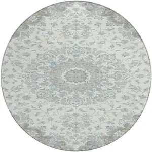 Photo of 8' Ivory And Silver Round Floral Medallion Washable Indoor Outdoor Area Rug