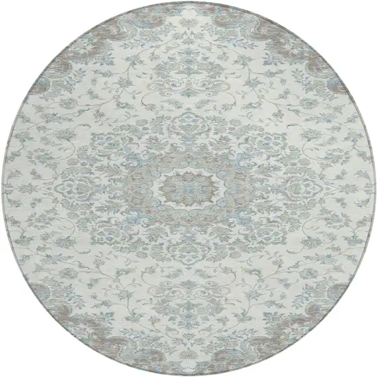 8' Ivory And Silver Round Floral Medallion Washable Indoor Outdoor Area Rug Photo 1