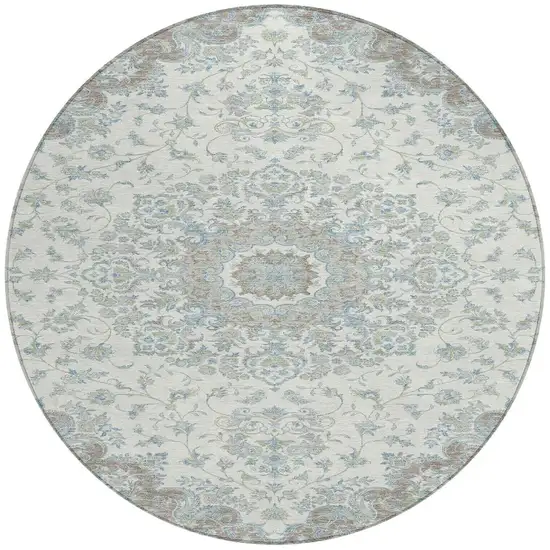 8' Ivory And Silver Round Floral Medallion Washable Indoor Outdoor Area Rug Photo 2