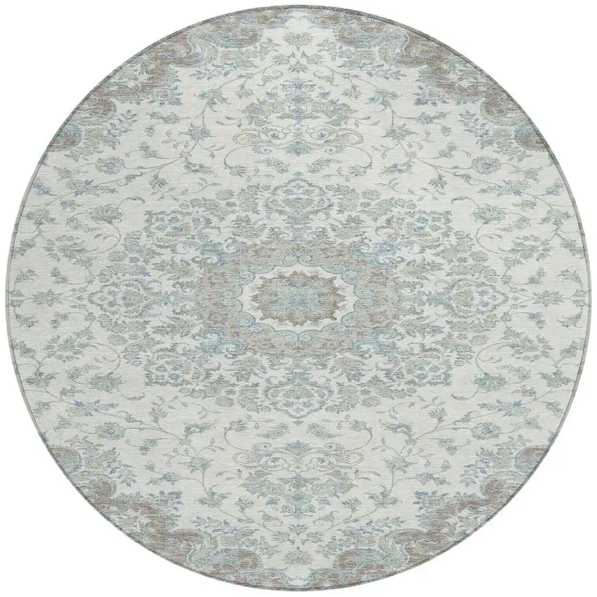 8' Ivory And Silver Round Floral Medallion Washable Indoor Outdoor Area Rug Photo 2