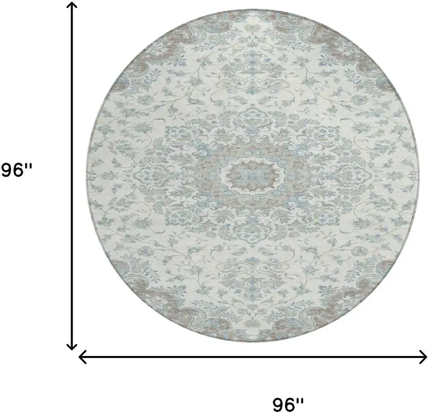 8' Ivory And Silver Round Floral Medallion Washable Indoor Outdoor Area Rug Photo 8