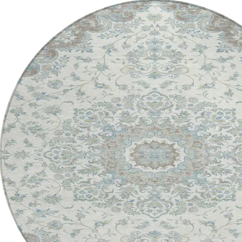 8' Ivory And Silver Round Floral Medallion Washable Indoor Outdoor Area Rug Photo 3