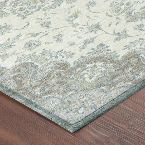 8' Ivory And Silver Round Floral Medallion Washable Indoor Outdoor Area Rug Photo 6