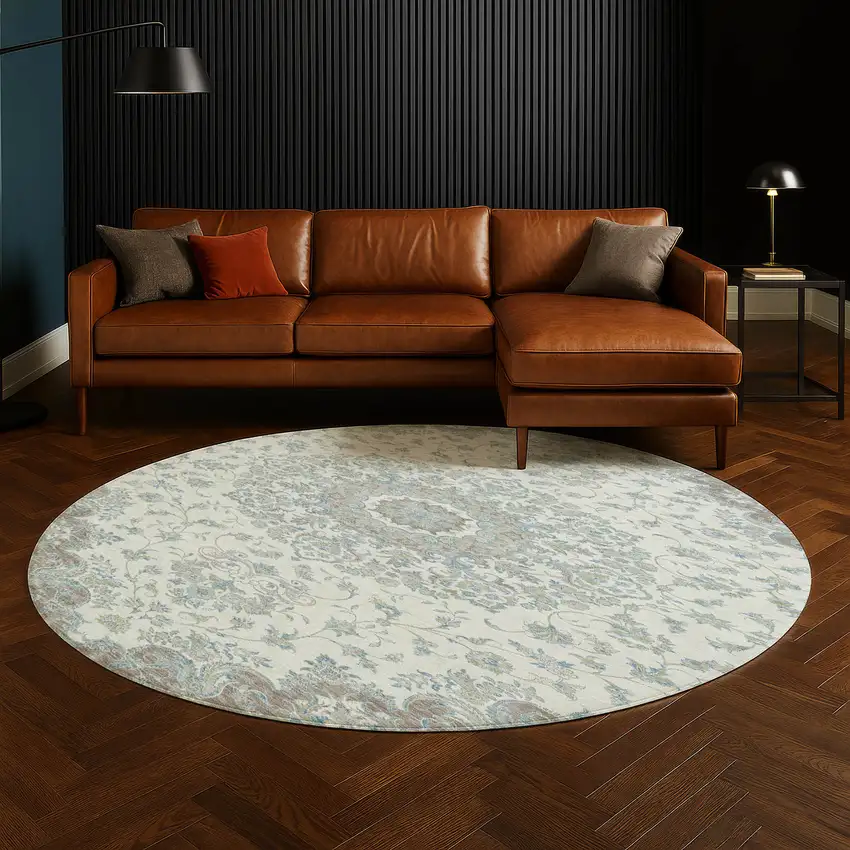 8' Ivory And Silver Round Floral Medallion Washable Indoor Outdoor Area Rug Photo 5