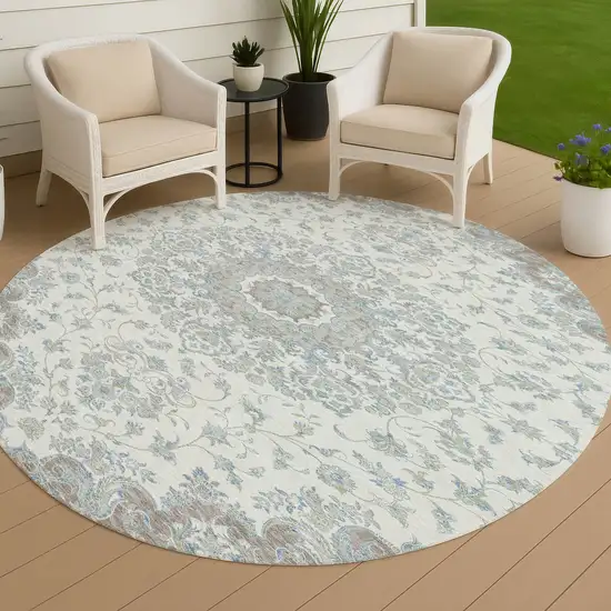 8' Ivory And Silver Round Floral Medallion Washable Indoor Outdoor Area Rug Photo 4