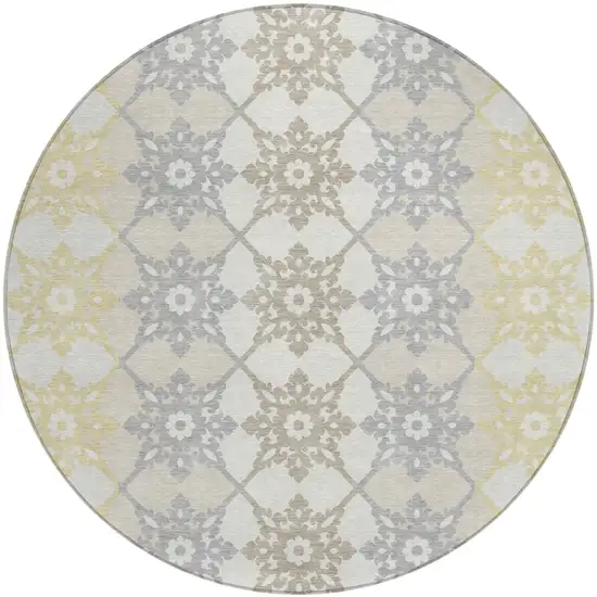 8' Ivory And Silver Round Floral Medallion Washable Indoor Outdoor Area Rug Photo 2