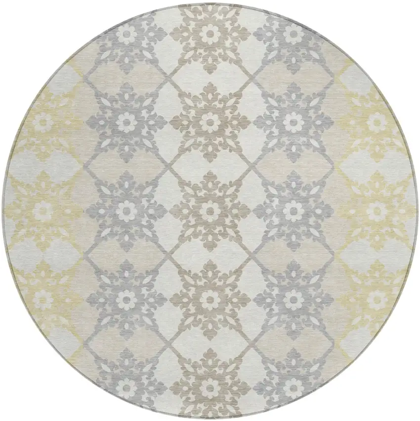 8' Ivory And Silver Round Floral Medallion Washable Indoor Outdoor Area Rug Photo 2