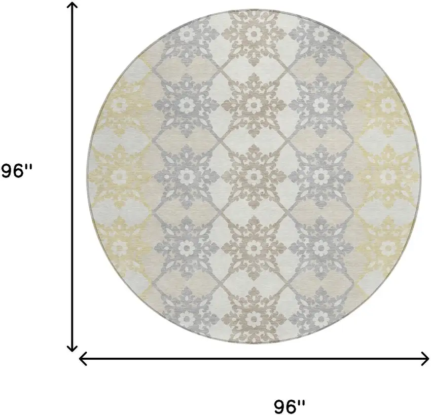 8' Ivory And Silver Round Floral Medallion Washable Indoor Outdoor Area Rug Photo 5
