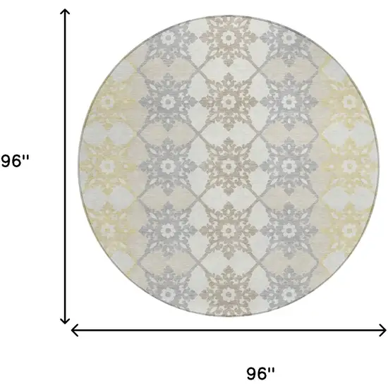 8' Ivory And Silver Round Floral Medallion Washable Indoor Outdoor Area Rug Photo 5