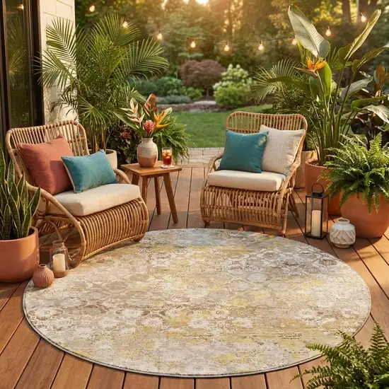 8' Ivory And Silver Round Floral Medallion Washable Indoor Outdoor Area Rug Photo 1