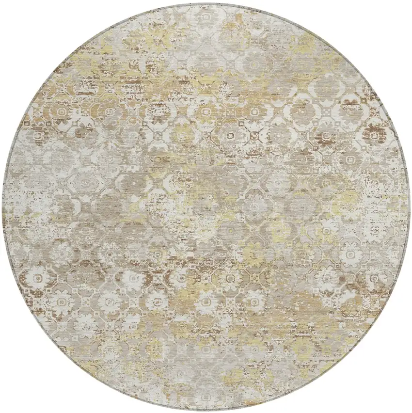 8' Ivory And Silver Round Floral Medallion Washable Indoor Outdoor Area Rug Photo 2