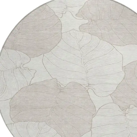 8' Ivory And Silver Round Floral Washable Indoor Outdoor Area Rug Photo 2
