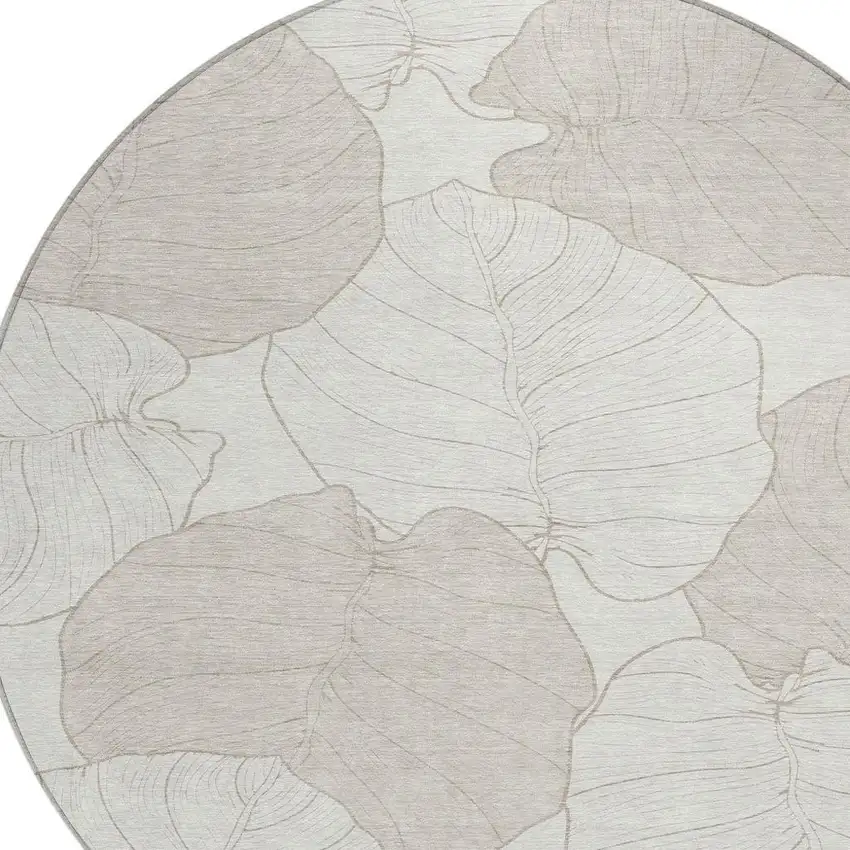 8' Ivory And Silver Round Floral Washable Indoor Outdoor Area Rug Photo 2