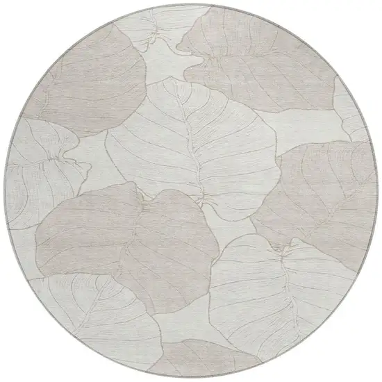 8' Ivory And Silver Round Floral Washable Indoor Outdoor Area Rug Photo 3
