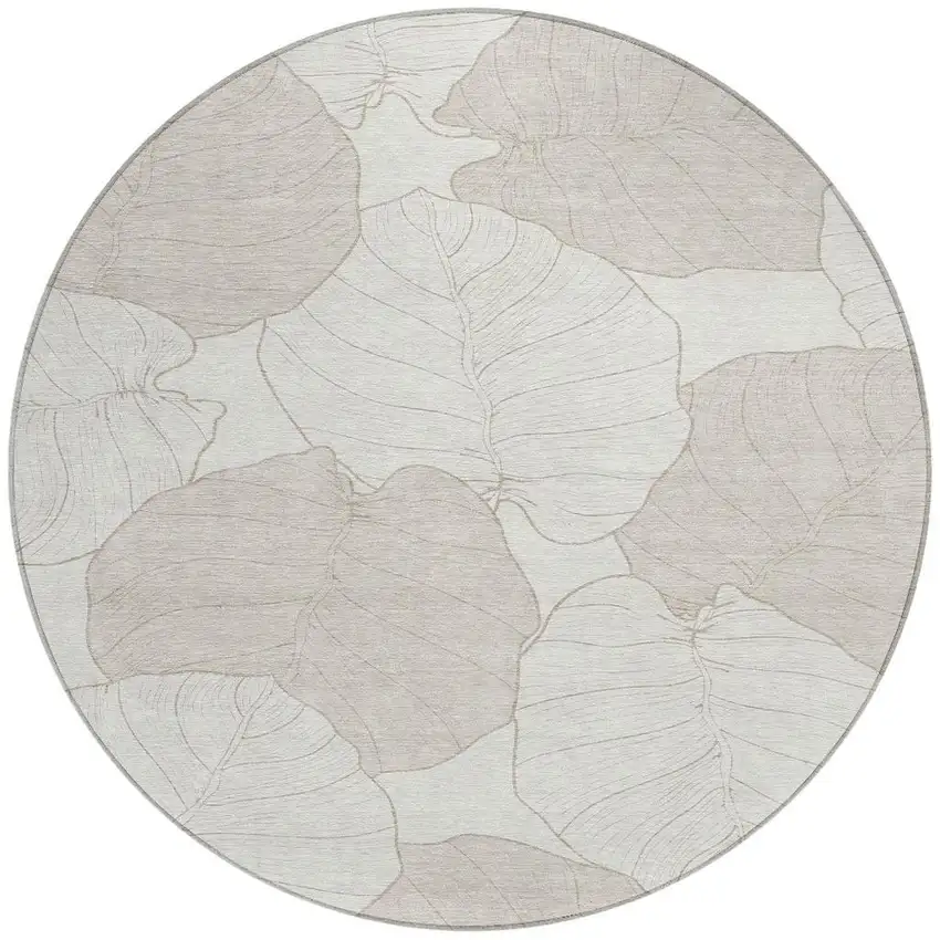 8' Ivory And Silver Round Floral Washable Indoor Outdoor Area Rug Photo 3