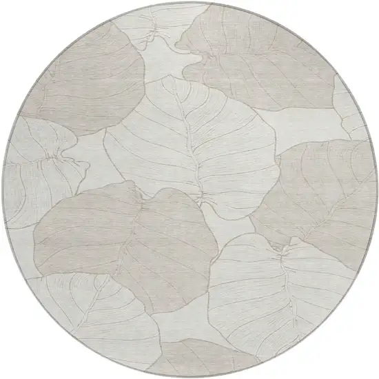 8' Ivory And Silver Round Floral Washable Indoor Outdoor Area Rug Photo 1