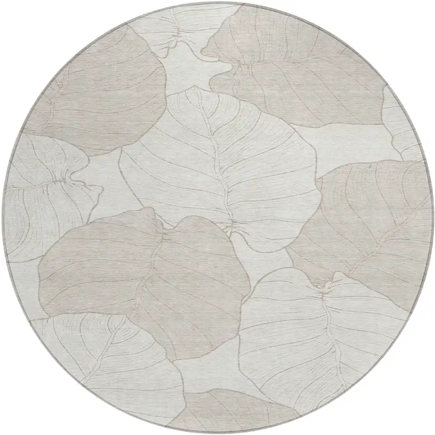 8' Ivory And Silver Round Floral Washable Indoor Outdoor Area Rug Photo 1