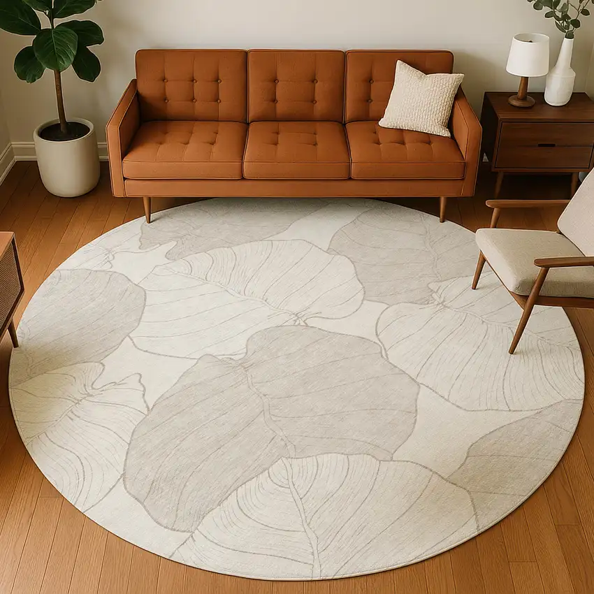 8' Ivory And Silver Round Floral Washable Indoor Outdoor Area Rug Photo 5