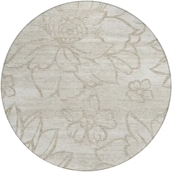8' Ivory And Silver Round Floral Washable Indoor Outdoor Area Rug Photo 2