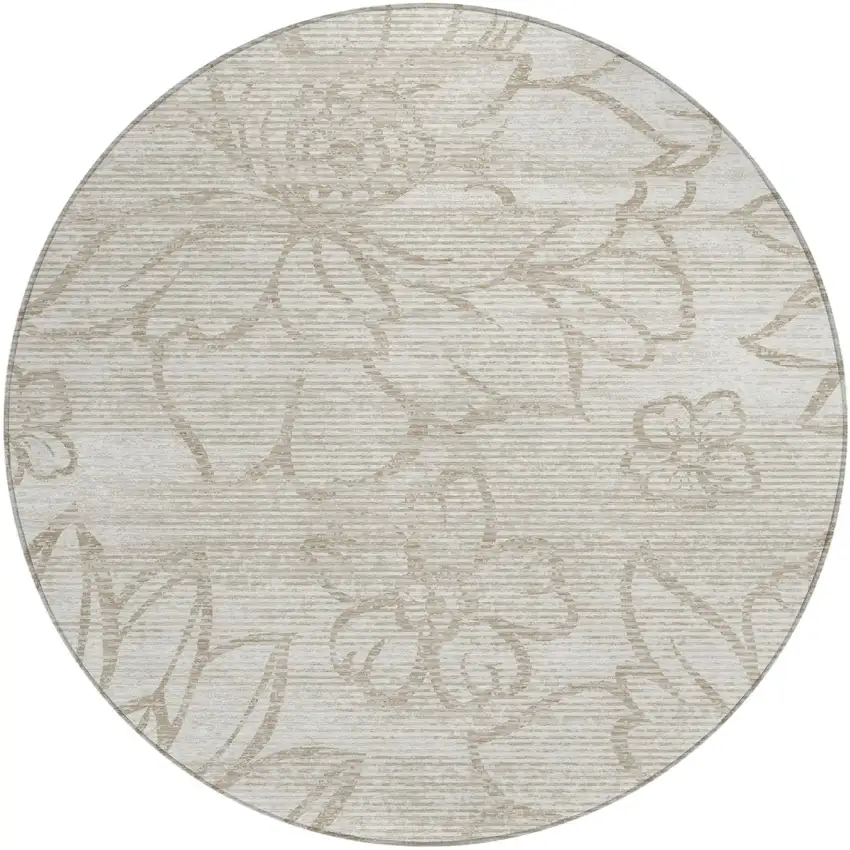8' Ivory And Silver Round Floral Washable Indoor Outdoor Area Rug Photo 2