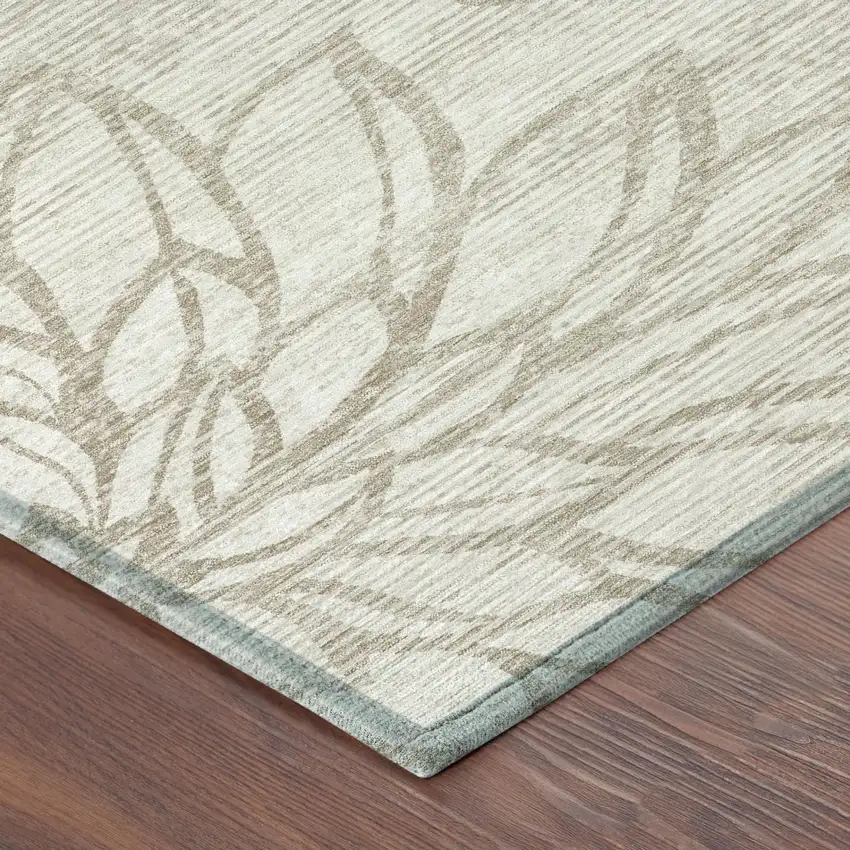 8' Ivory And Silver Round Floral Washable Indoor Outdoor Area Rug Photo 3