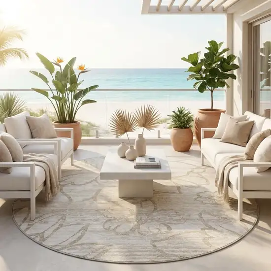 8' Ivory And Silver Round Floral Washable Indoor Outdoor Area Rug Photo 1