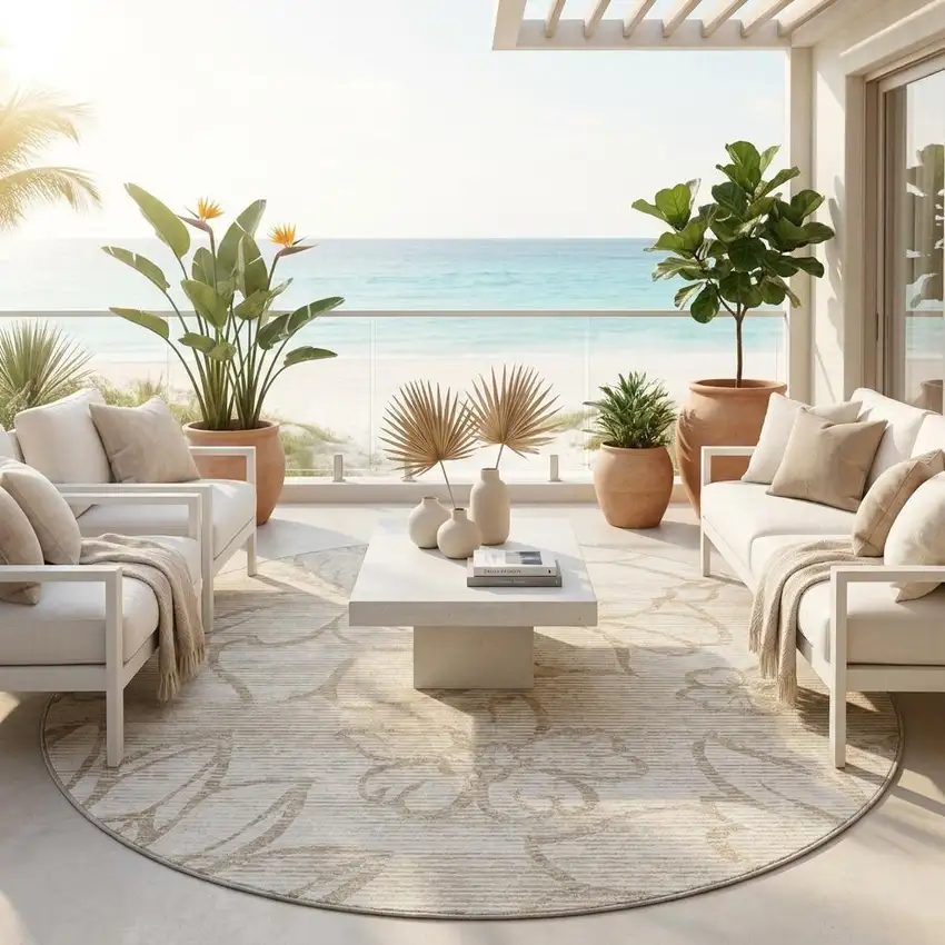 8' Ivory And Silver Round Floral Washable Indoor Outdoor Area Rug Photo 1