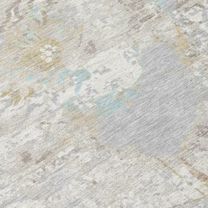 8' Ivory And Silver Round Floral Washable Indoor Outdoor Area Rug Photo 5