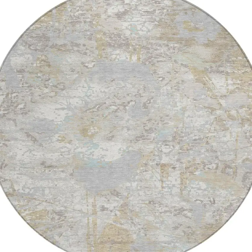 8' Ivory And Silver Round Floral Washable Indoor Outdoor Area Rug Photo 2