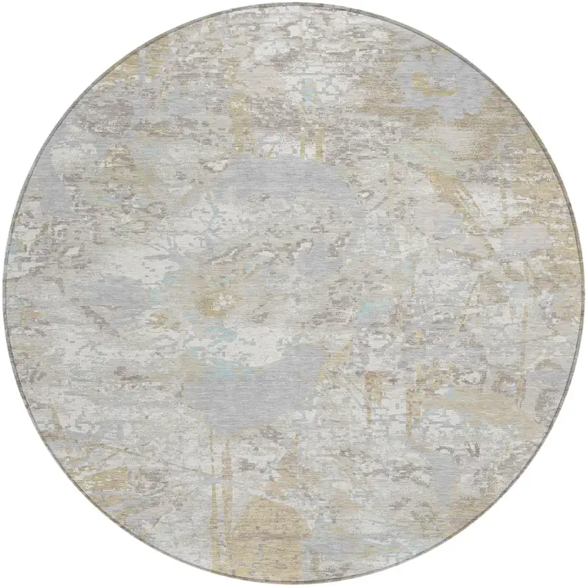 8' Ivory And Silver Round Floral Washable Indoor Outdoor Area Rug Photo 1