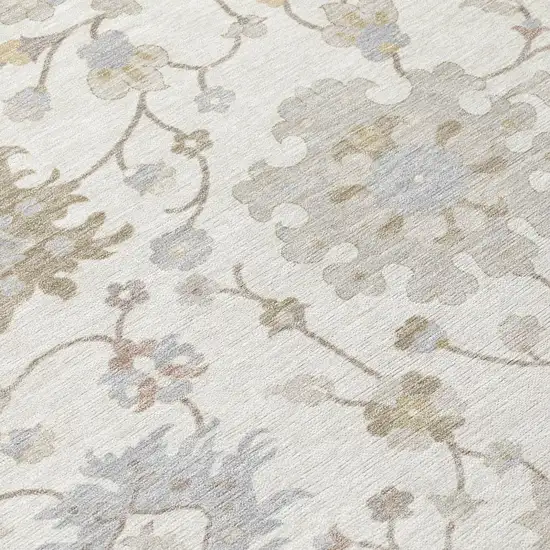 8' Ivory And Silver Round Floral Washable Indoor Outdoor Area Rug Photo 5