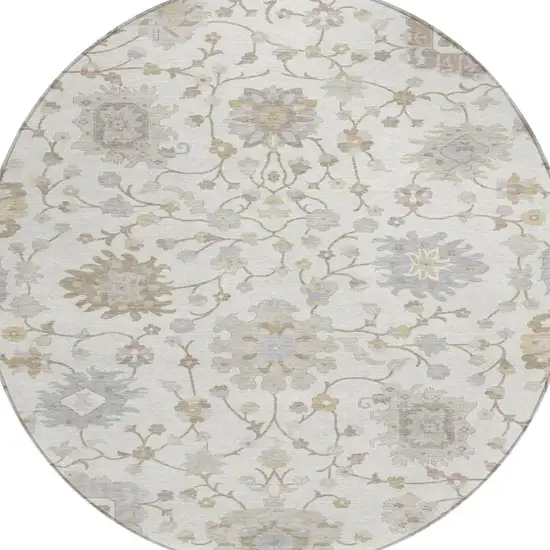 8' Ivory And Silver Round Floral Washable Indoor Outdoor Area Rug Photo 2
