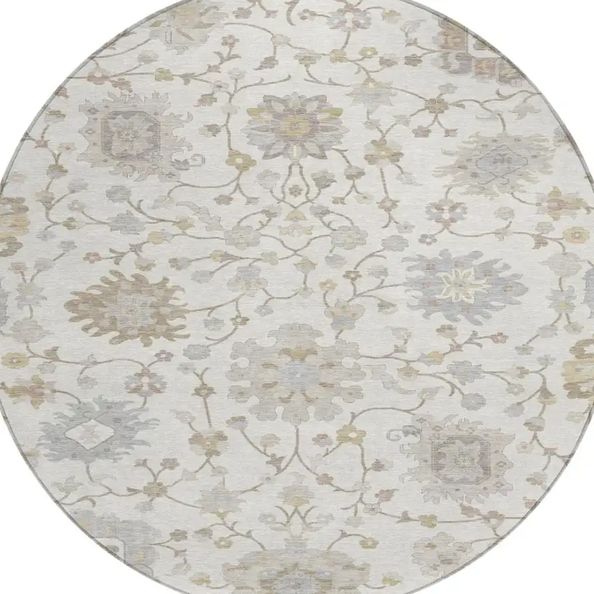 8' Ivory And Silver Round Floral Washable Indoor Outdoor Area Rug Photo 2