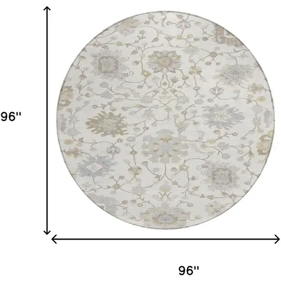8' Ivory And Silver Round Floral Washable Indoor Outdoor Area Rug Photo 6
