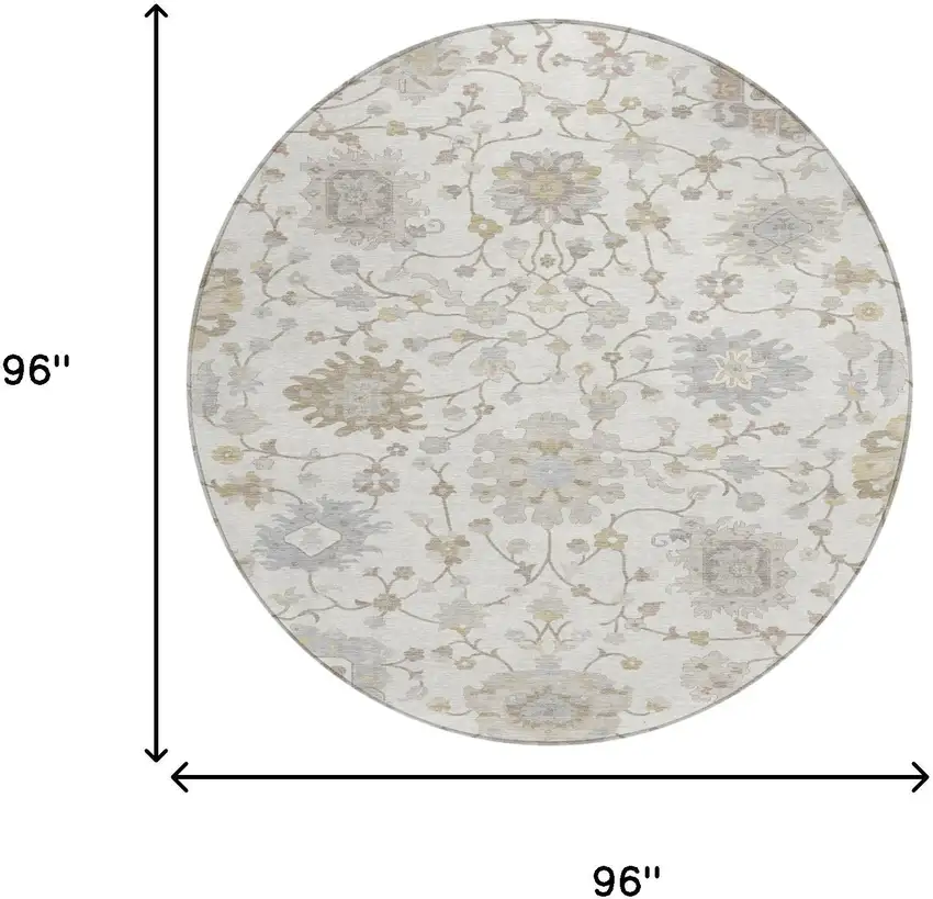 8' Ivory And Silver Round Floral Washable Indoor Outdoor Area Rug Photo 6