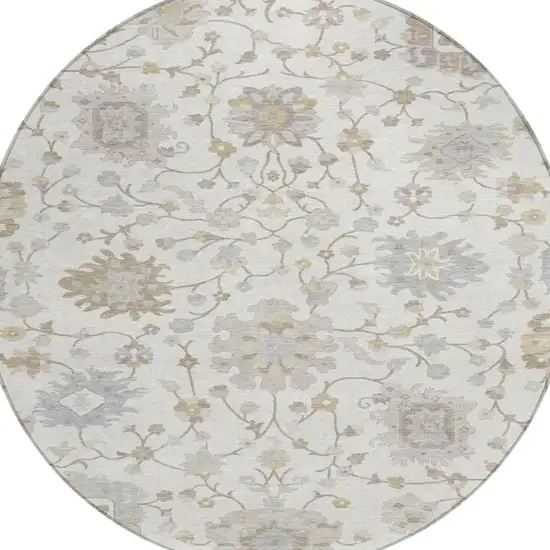 8' Ivory And Silver Round Floral Washable Indoor Outdoor Area Rug Photo 3
