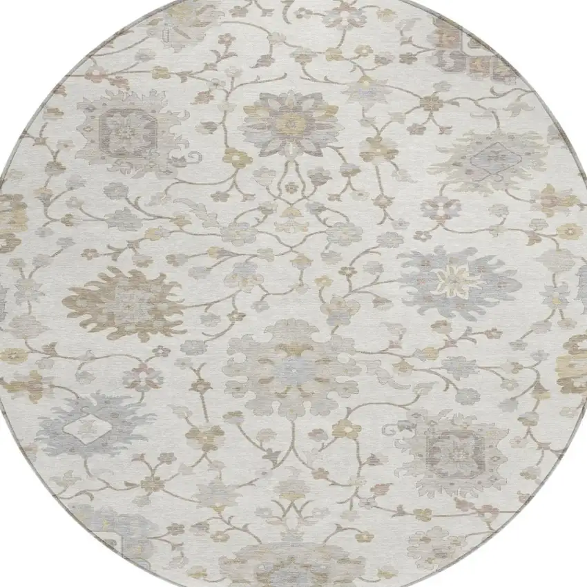 8' Ivory And Silver Round Floral Washable Indoor Outdoor Area Rug Photo 3