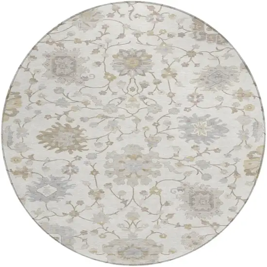 8' Ivory And Silver Round Floral Washable Indoor Outdoor Area Rug Photo 1