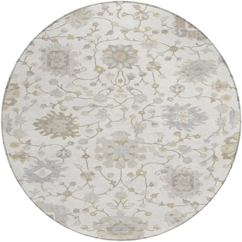8' Ivory And Silver Round Floral Washable Indoor Outdoor Area Rug Photo 1