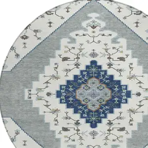 Photo of 8' Ivory And Silver Round Geometric Washable Indoor Outdoor Area Rug