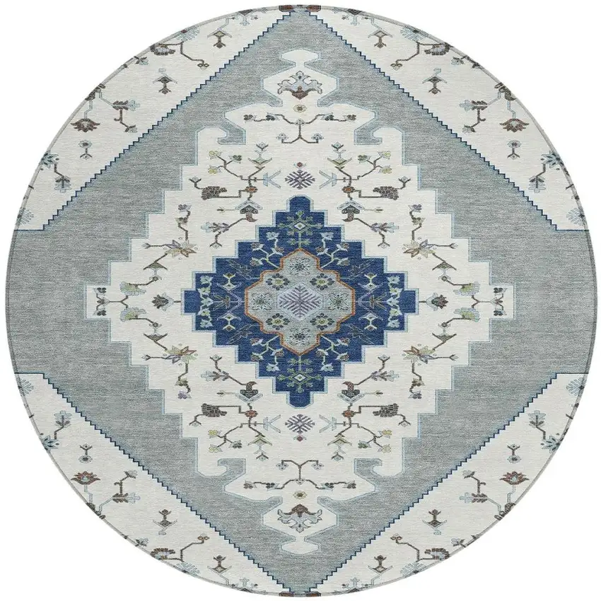 8' Ivory And Silver Round Geometric Washable Indoor Outdoor Area Rug Photo 3