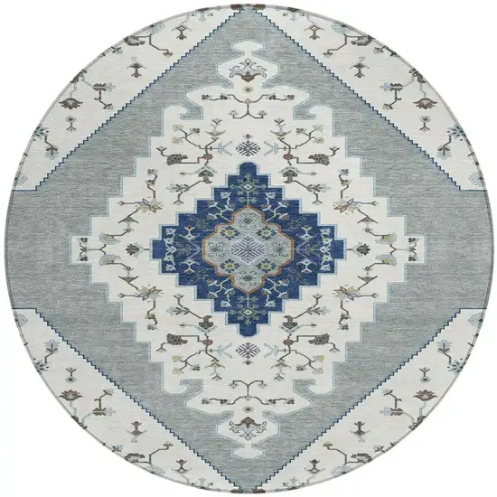 8' Ivory And Silver Round Geometric Washable Indoor Outdoor Area Rug Photo 3